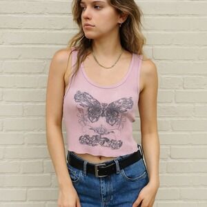 Vintage Y2K Self Esteem‎ Tank Top Womens Large Pink Butterfly Ribbed Sleeveless
